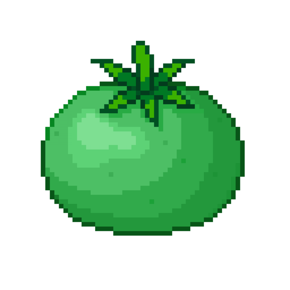 An 8-bit retro-styled pixel-art illustration of a green tomato. png