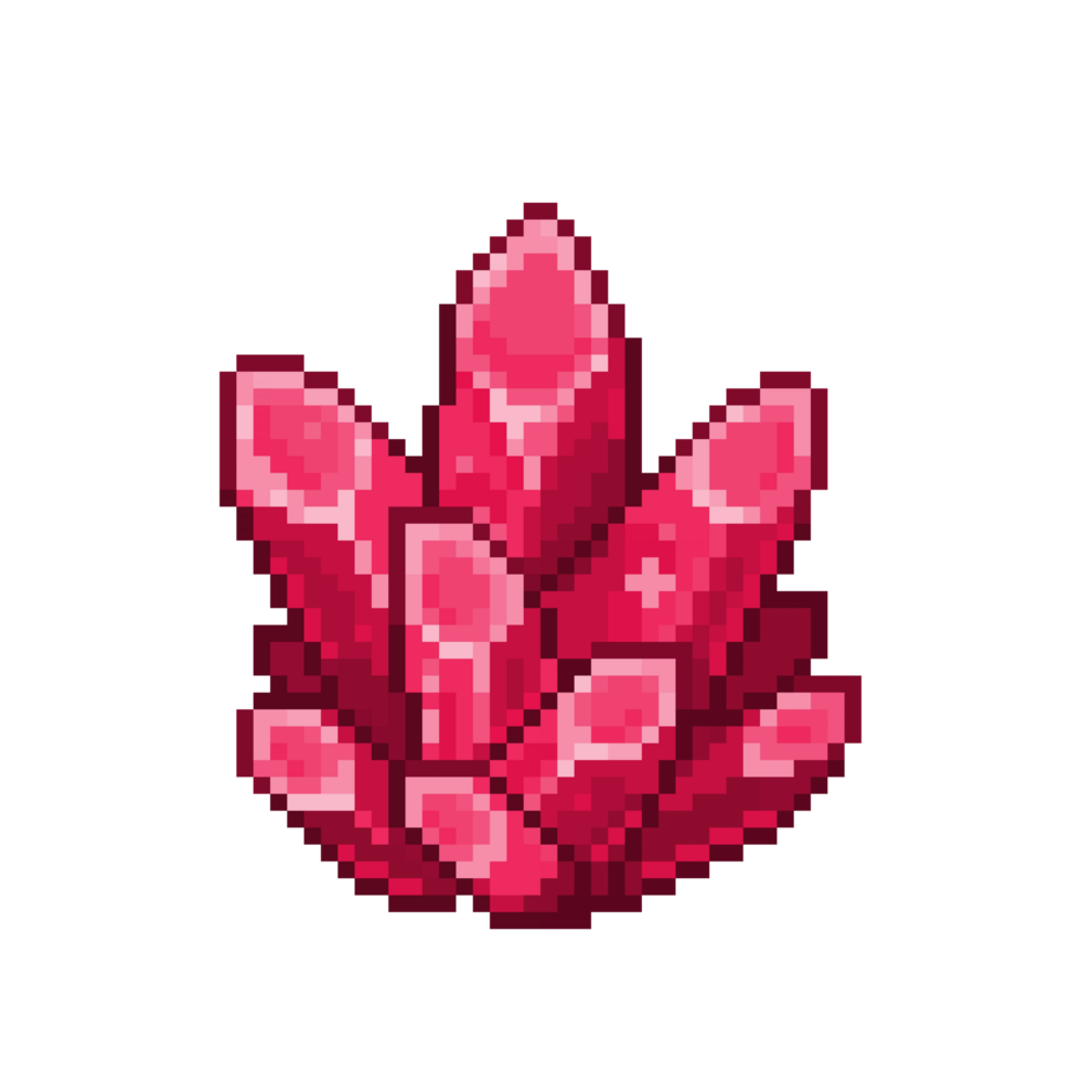 An 8-bit retro-styled pixel-art illustration of a red cartoon glowing crystal icon. png