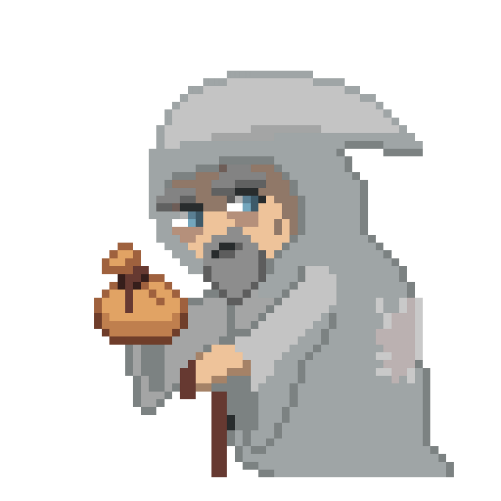 An 8-bit retro-styled pixel-art illustration of an old merchant with a gray beard wearing a white robe. png