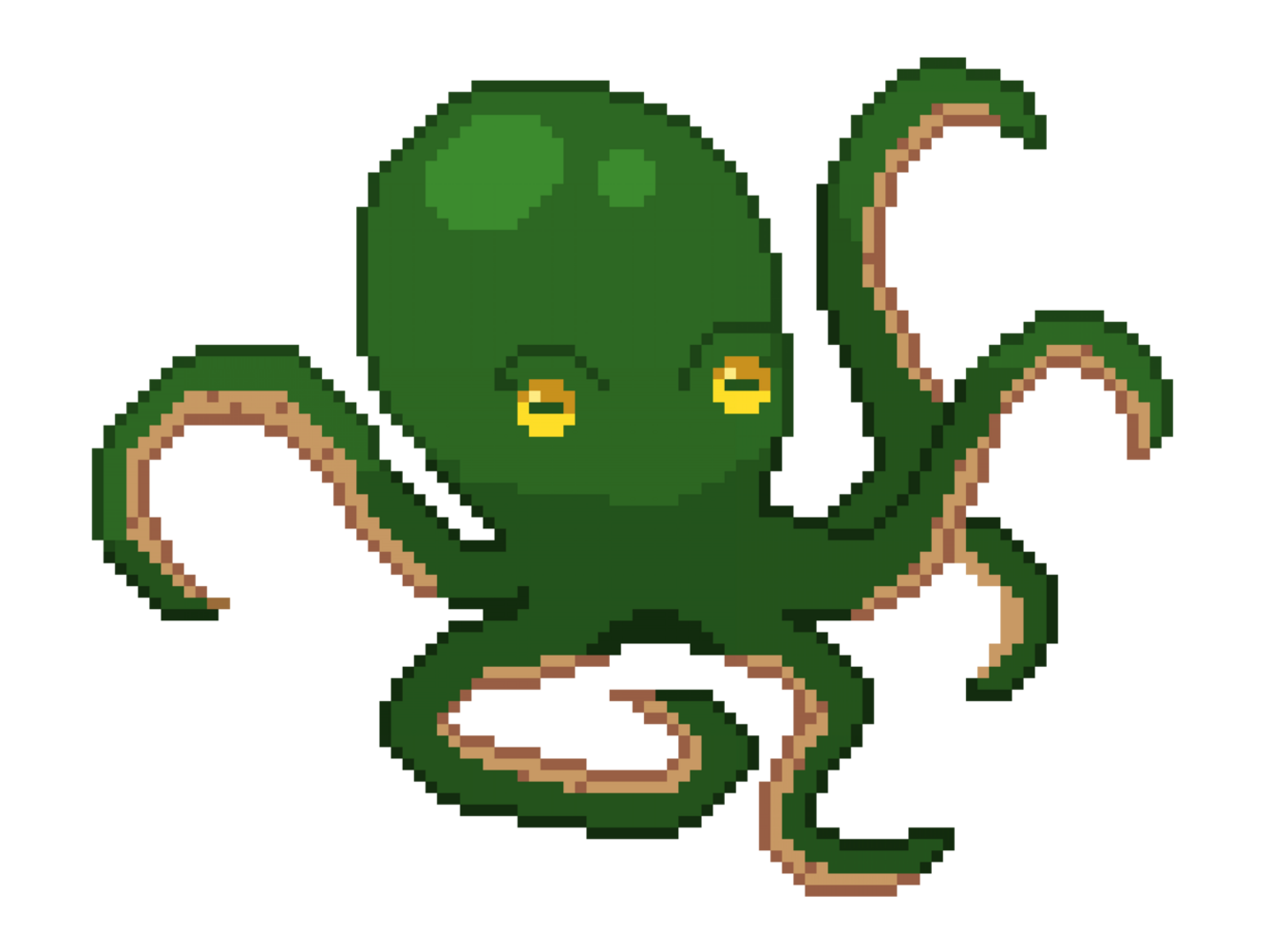 An 8-bit retro-styled pixel-art illustration of a green octopus. png