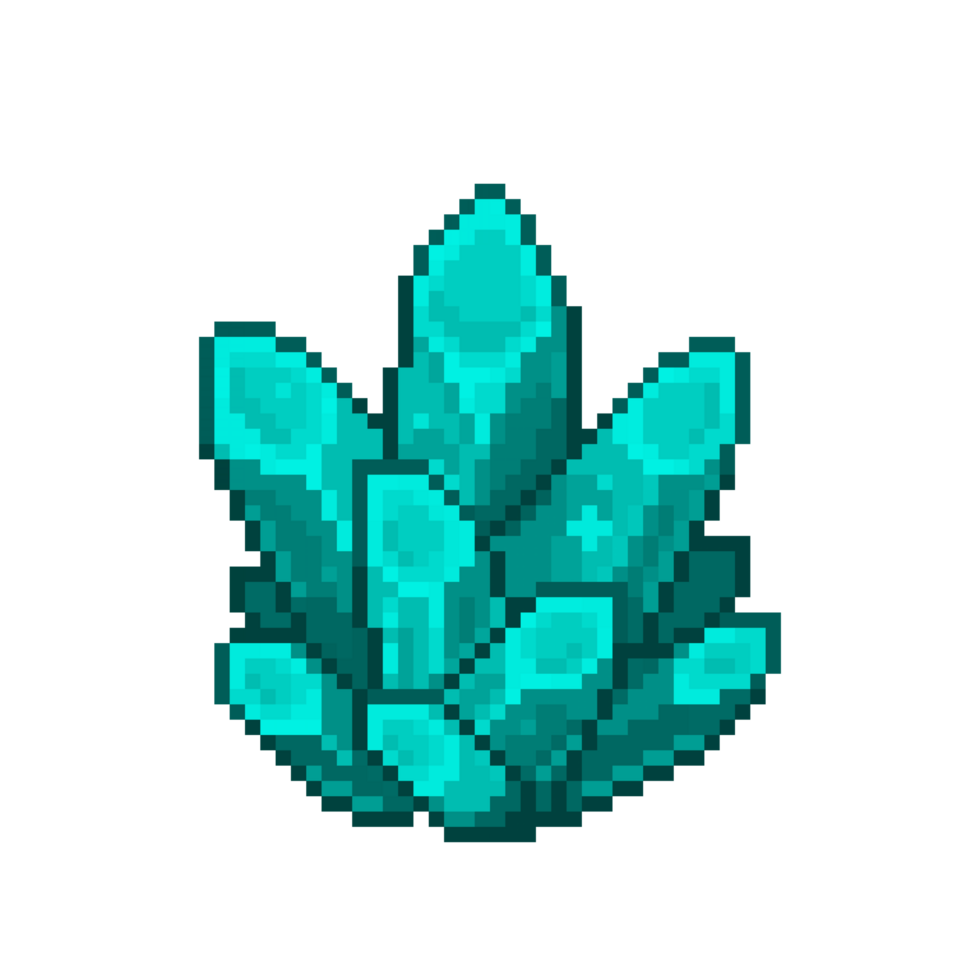 An 8-bit retro-styled pixel-art illustration of an aqua crystal. png