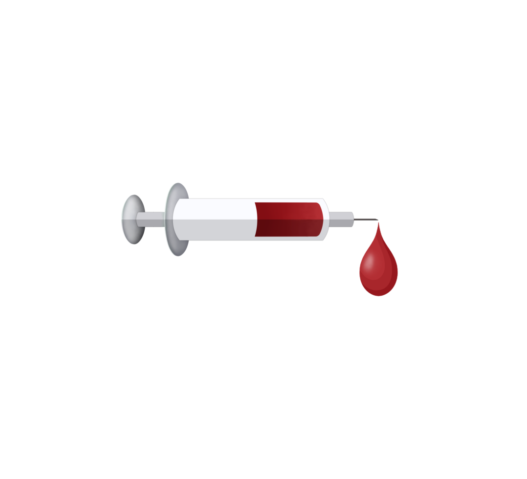 injectiespuit met bloed, laten vallen van bloed vallend van spuit, injectiespuit icoon voor injectie vaccin met rood bloed vloeistof, laten vallen van bloed, transparant achtergrond PNG