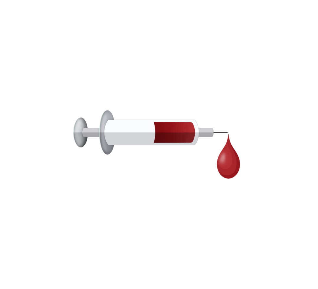 syringe with blood, Drop of blood falling from syringe, syringe icon for injection vaccine with red blood liquid, Drop of blood, transparent background PNG