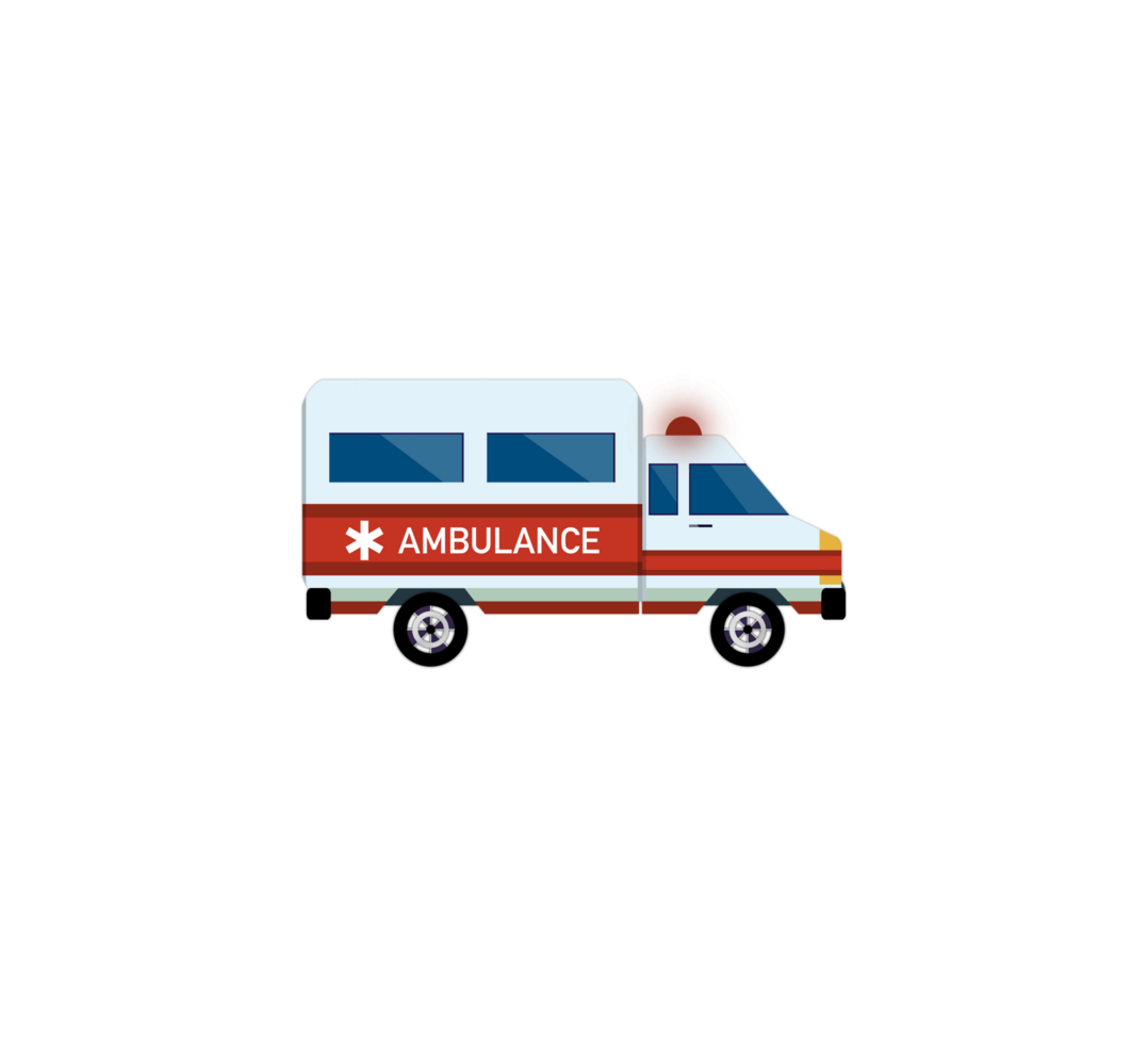 illustration of medical, Emergency car, ambulance medical service vehicle, colored ambulance car speeding, flat cartoon medical vehicle paramedic van auto side view, transparent background PNG