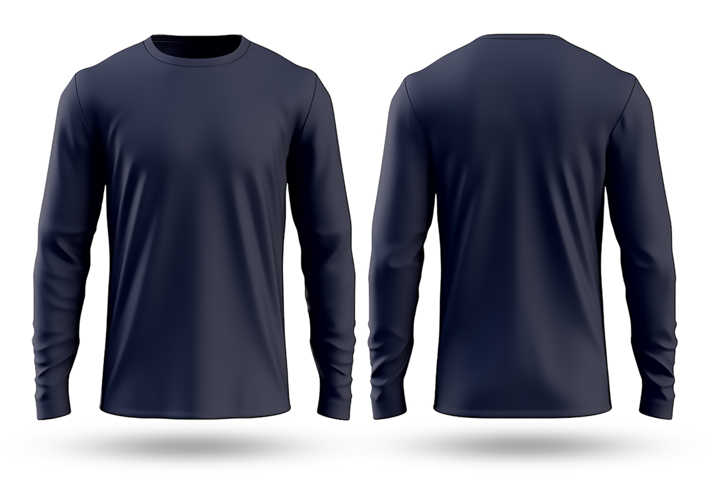 Navy long sleeve t-shirt mockup, with front and back views, isolated on transparent background, generative ai png