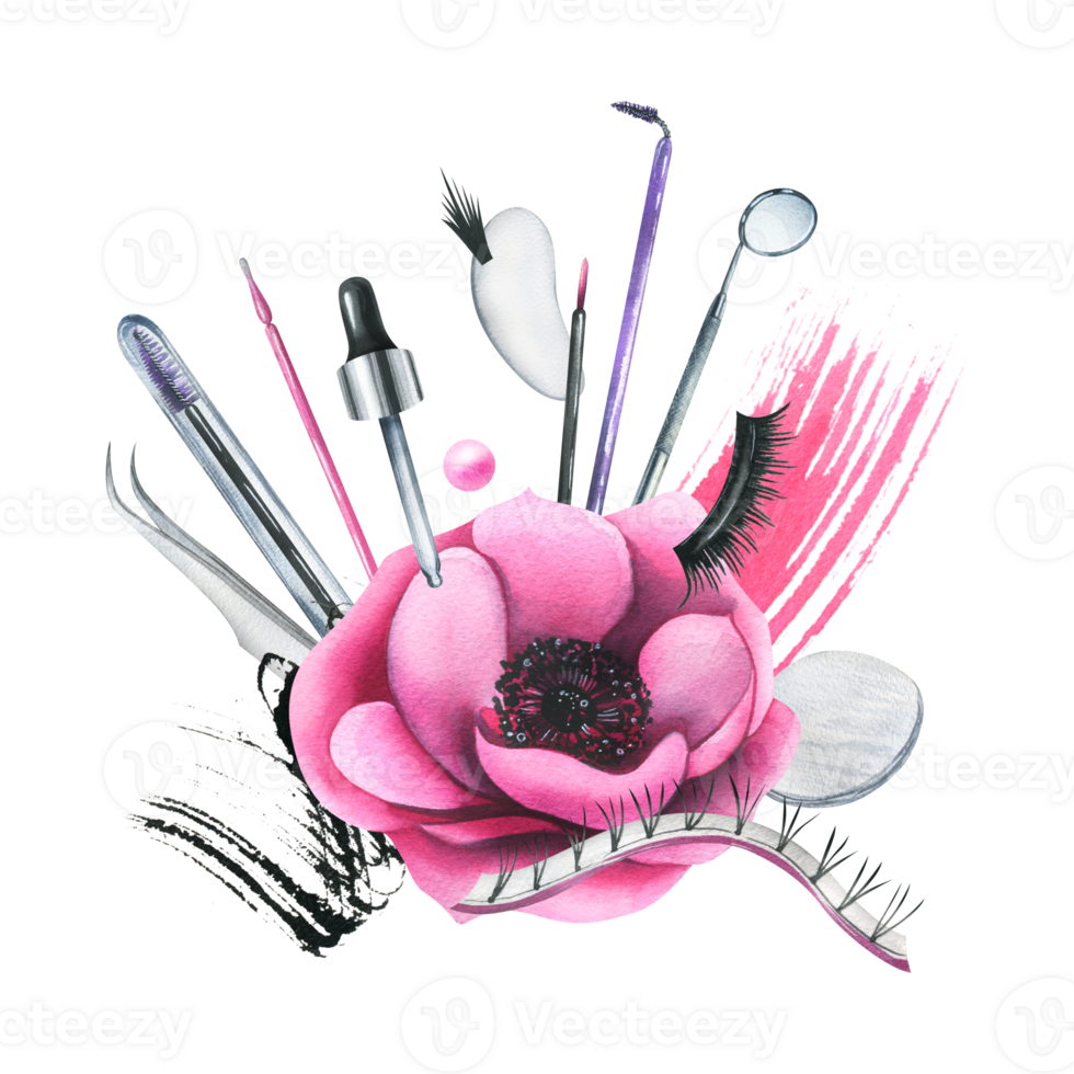 Pink cosmetic bag with beauty tools for eyelash extensions, with brushes, eyelash bundles, tweezers, patches. Watercolor illustration, hand drawn. Isolated composition png