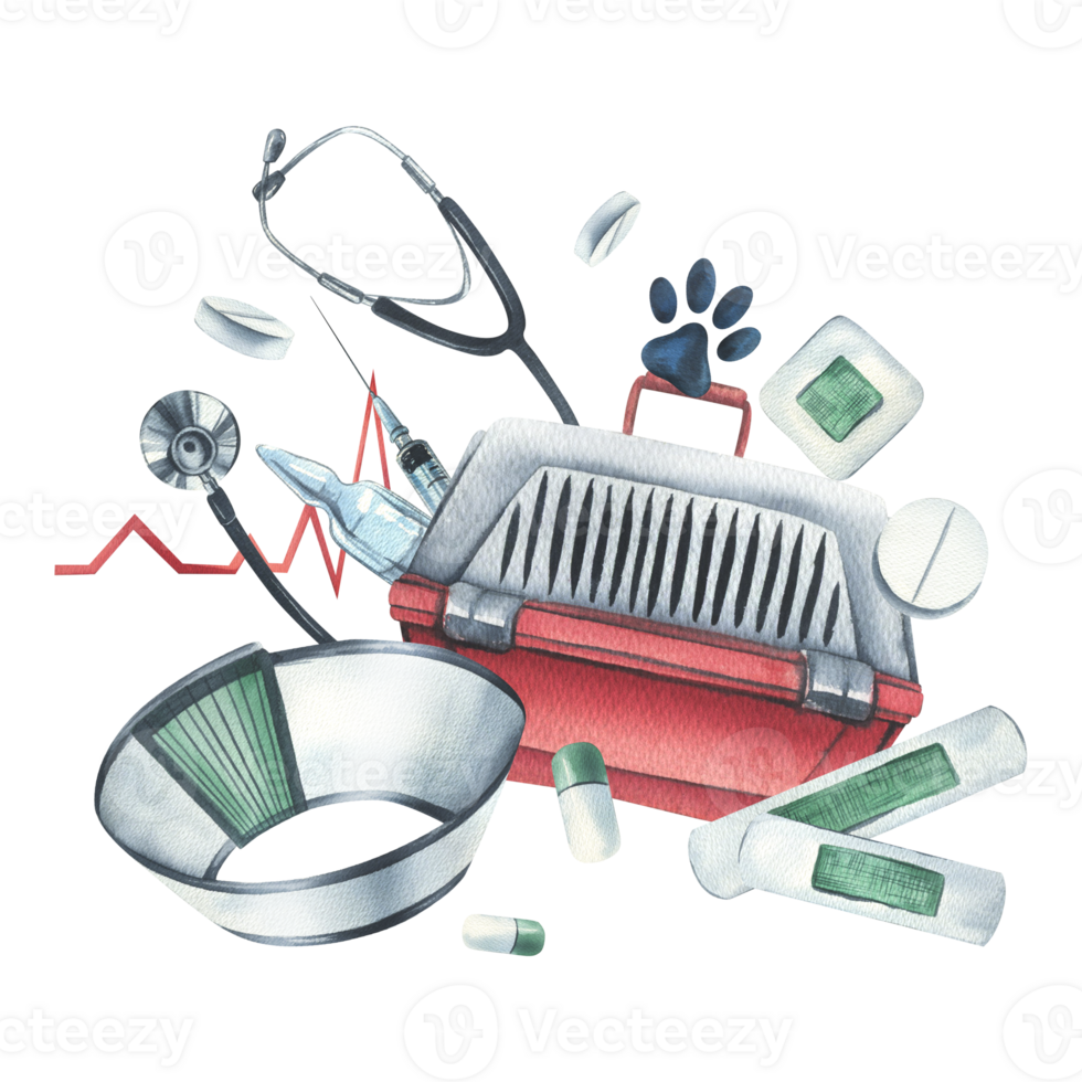 veterinario attrezzatura. acquerello illustrazione. . per il design e decorazione di cliniche, ospedali, primo soccorso messaggi, farmacie per animali. orizzontale composizione png