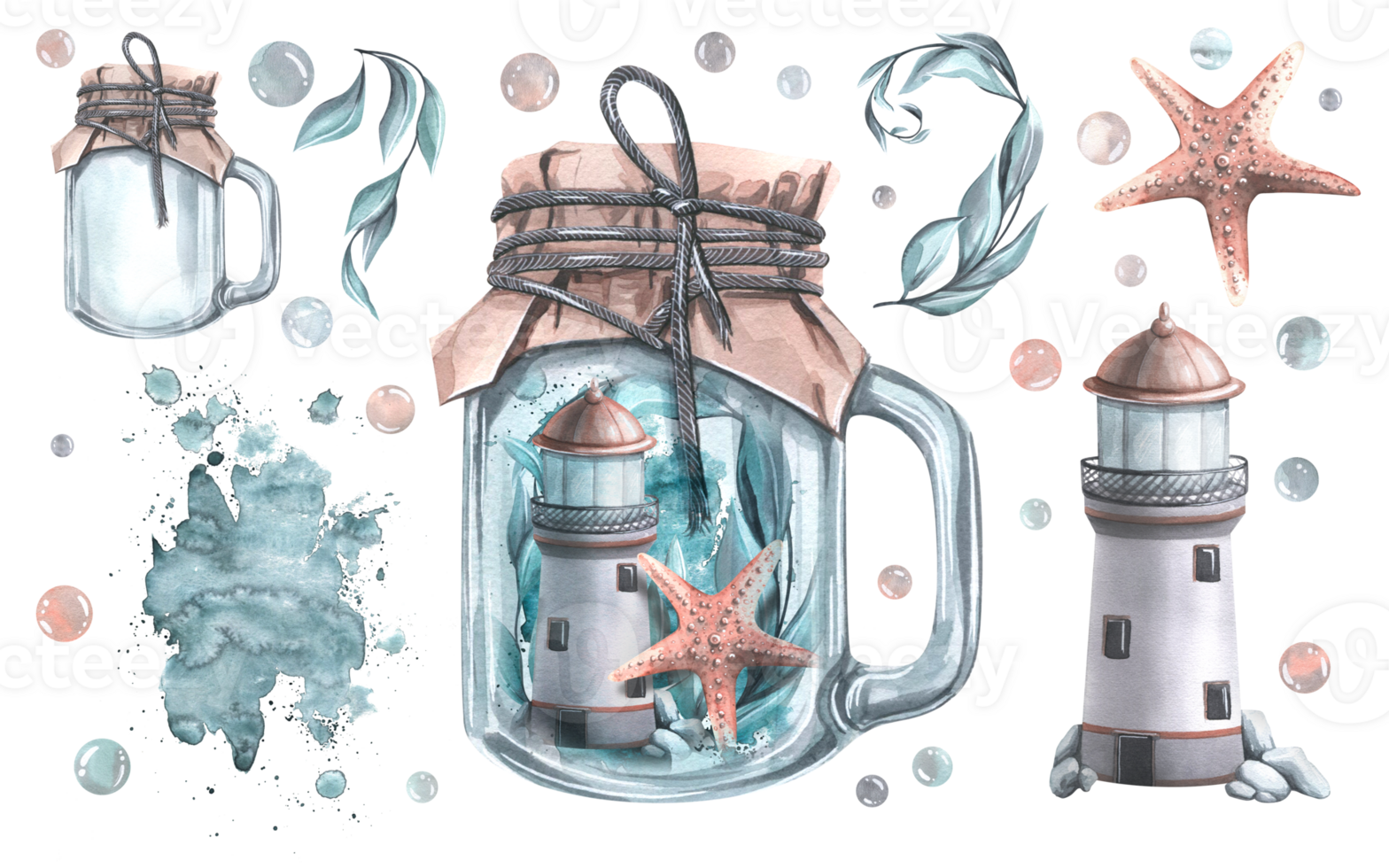 Lighthouse. seaweed and starfish in a glass jar. Watercolor illustration. Elements from the collection of WHALES. For the design and decoration of prints, stickers, posters, postcards. png