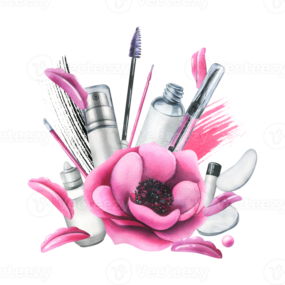 rosado cosmético bolso con belleza maestría herramientas para laminado pestañas, con cepillos, silicona rodillos, parches acuarela ilustración, mano dibujado. aislado composición png