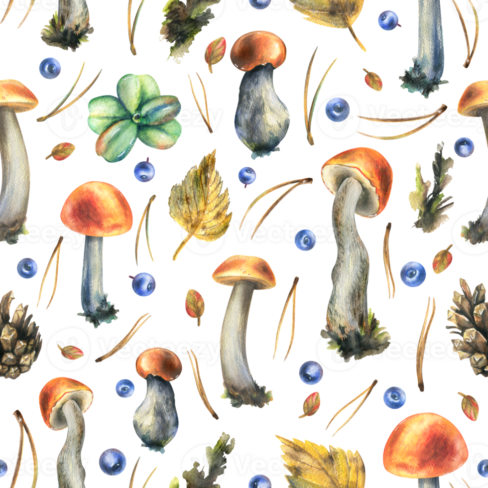 Forest edible boletus mushrooms with blueberries, cones, autumn leaves and twigs. Watercolor illustration, hand drawn. Seamless pattern png