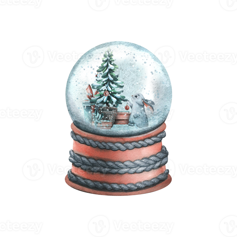 Snow globe with gift boxes, christmas tree and a cute bunny. Watercolor illustration, hand drawn. Isolated object png