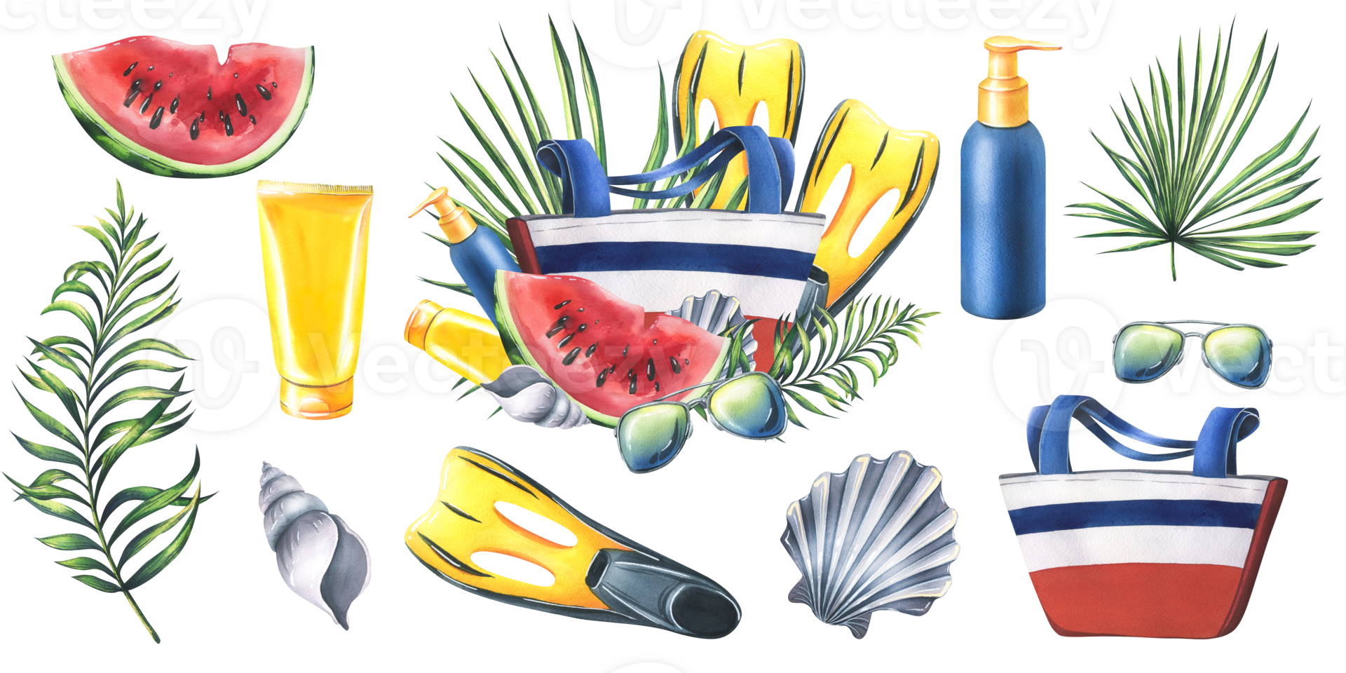 Striped beach bag with yellow flippers, sunblock, sunglasses, watermelon, seashells and tropical leaves. Watercolor illustration, hand drawn. Isolated composition with elements png