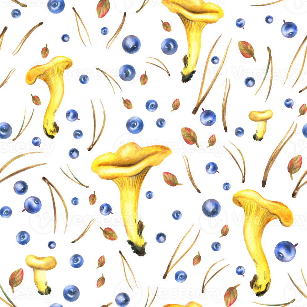 Forest edible chanterelle mushrooms are yellow with blueberries, autumn leaves and pine needles. Watercolor illustration, hand drawn. Seamless pattern png