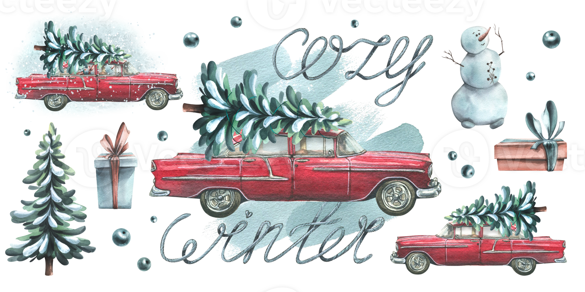 rojo retro coche con un Navidad árbol en el techo, un muñeco de nieve, regalo cajas y el inscripción acogedor invierno. acuarela ilustración, mano dibujado. conjunto de composiciones y elementos png