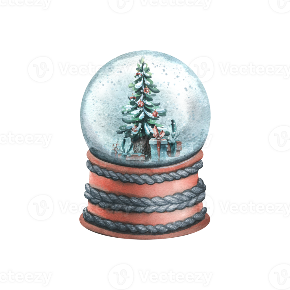 Snow glass ball on a stand with a Christmas tree and gifts inside. Watercolor illustration, hand drawn. Isolated object png