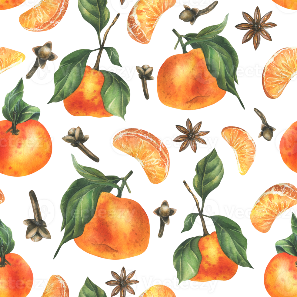Tangerines with whole leaves and slices with spices, star anise and cloves. Watercolor illustration, hand drawn. Winter, Christmas seamless pattern png
