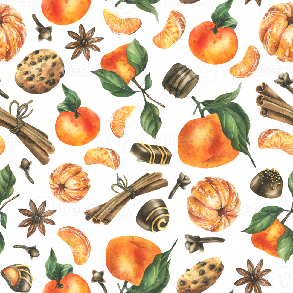 Orange whole and peeled tangerines with spice leaves, cookies and chocolates. Watercolor illustration, hand drawn. Seamless pattern png