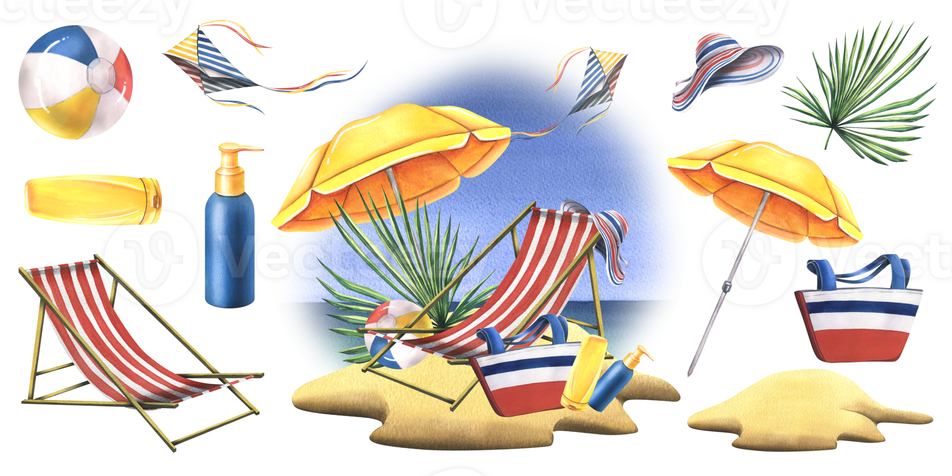 Sandy beach with sun umbrella, striped sun lounger and kite against sea and sky. watercolor illustration, hand drawn. Isolated summer composition with elements png