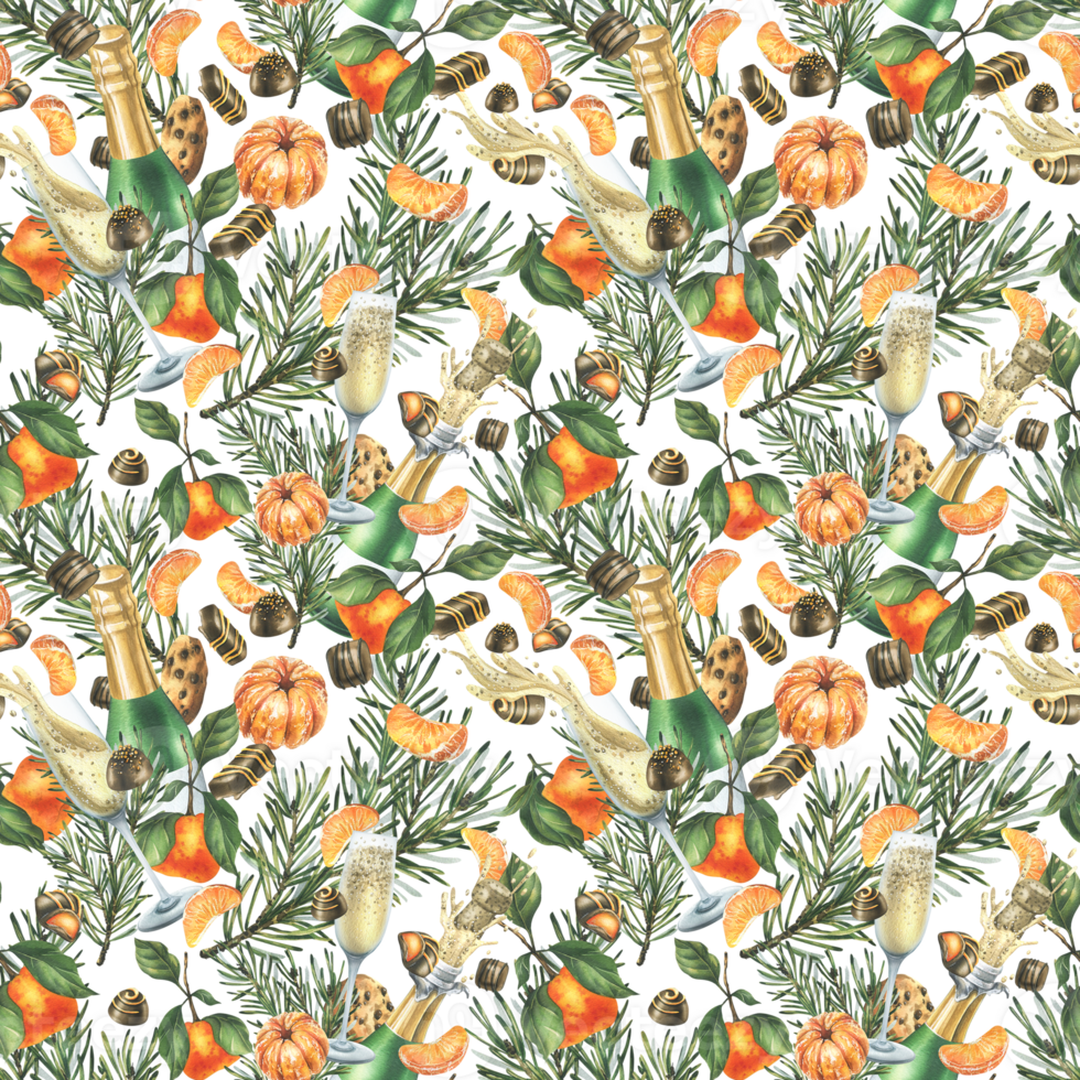 Christmas collection with tangerines, sweets, spices, champagne and plants. Watercolor illustration, hand drawn for holiday decor. Seamless pattern png