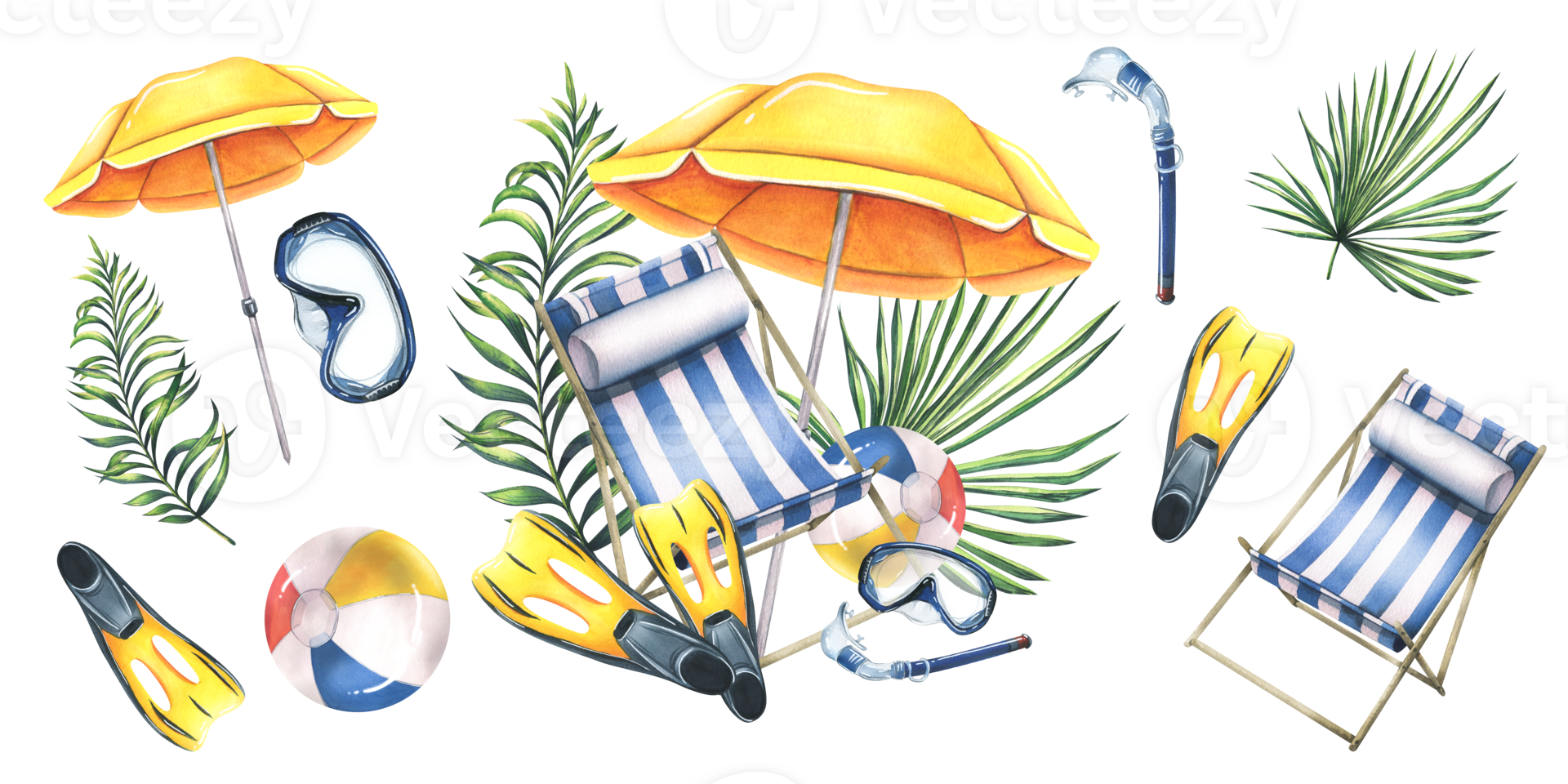Beach chair with umbrella, beach ball, snorkel mask, fins and tropical leaves. Set of summer, bright watercolor illustrations, hand drawn, isolated png