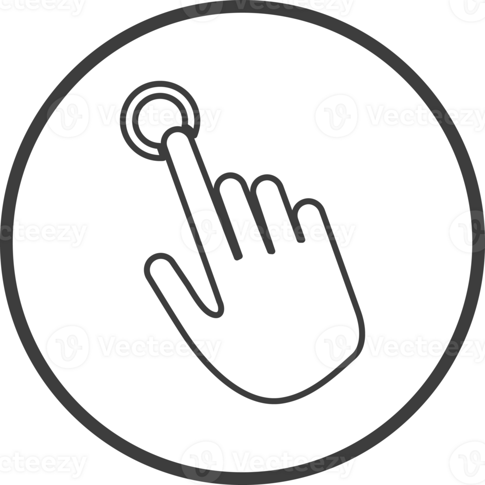 Hand pointing icon in thin line black circle frames. png