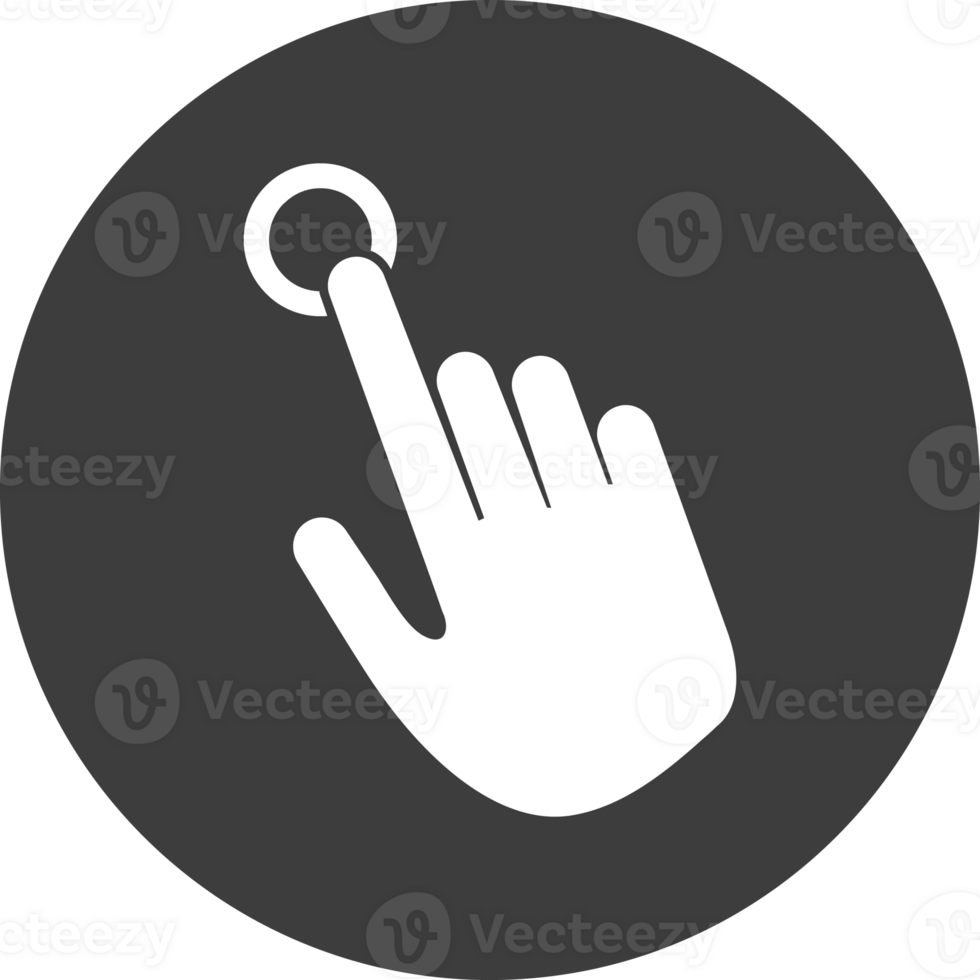 Hand pointing icon in black circle. png