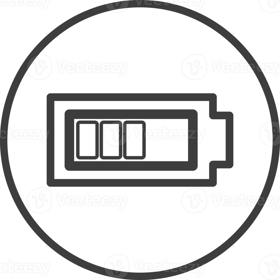 Battery icon in thin line black circle frames. png