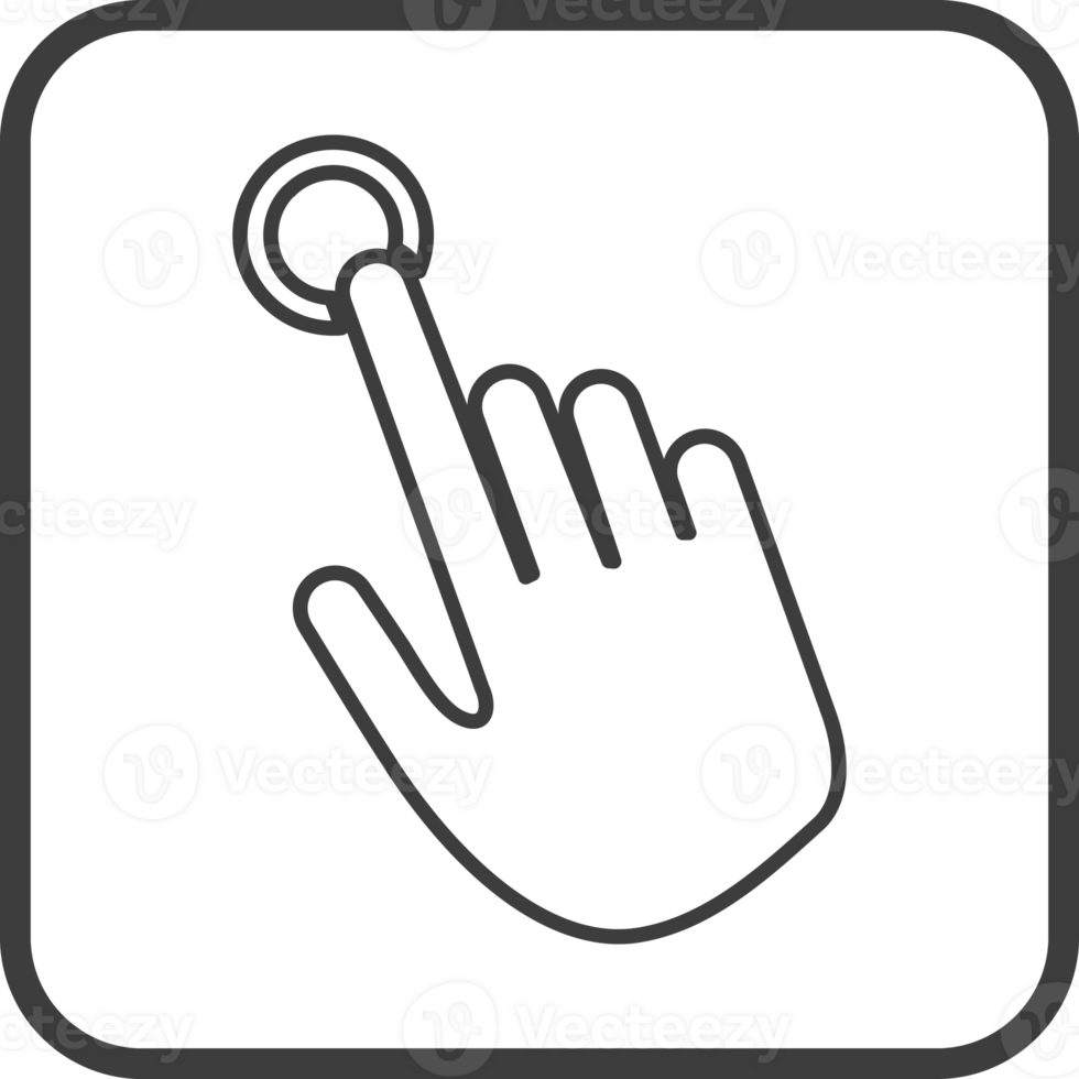 Hand pointing icon in thin line black square frames. png
