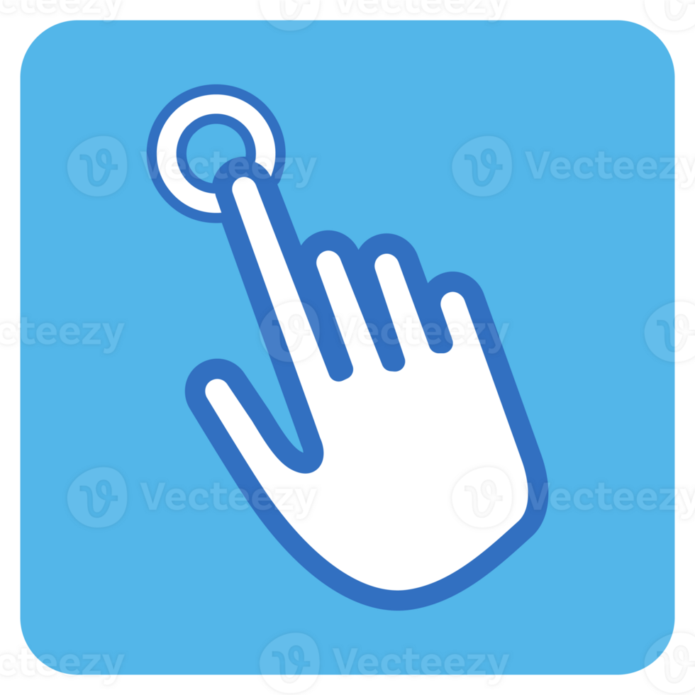 Hand pointing flat icon in blue square. png