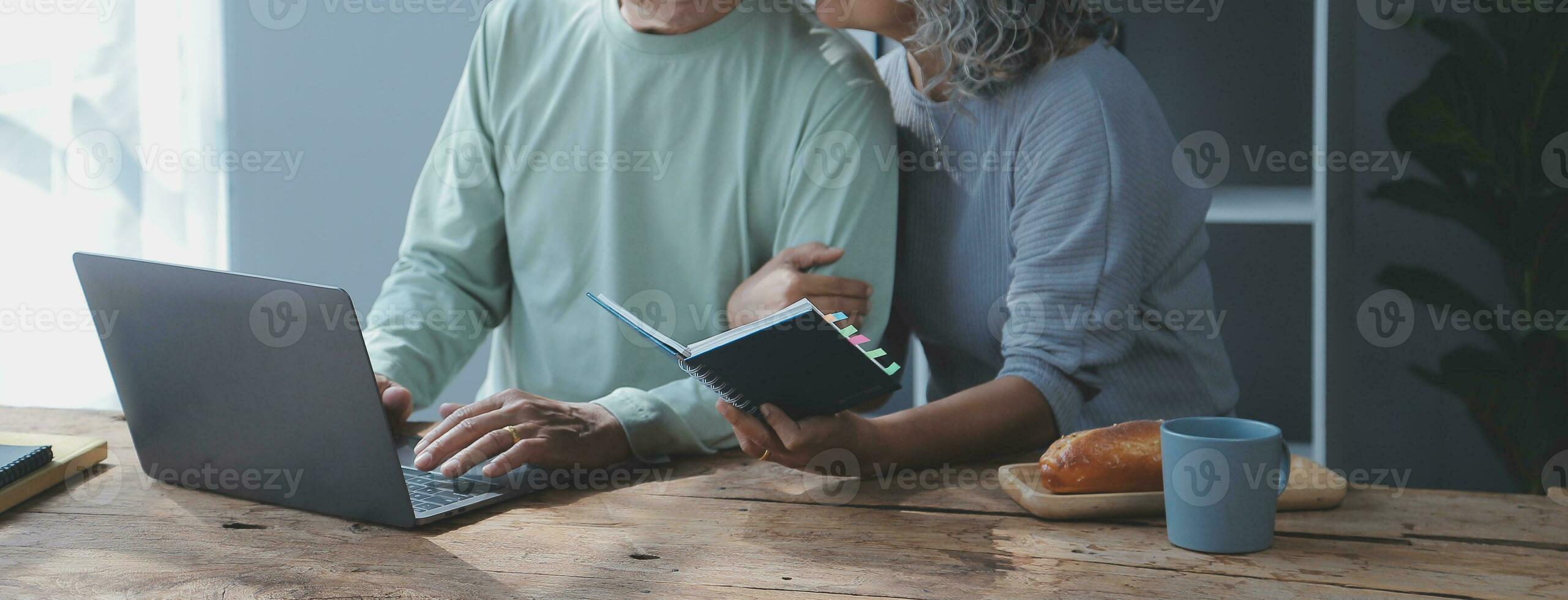 Embraced mature couple surfing the Internet on laptop at home photo