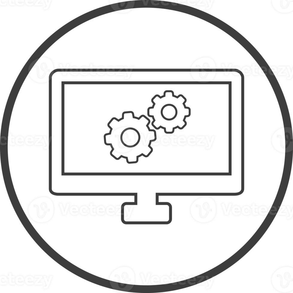 Computer Setting icon in thin line black circle frames. png