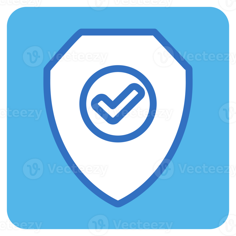 Shield check mark flat icon in blue square. png