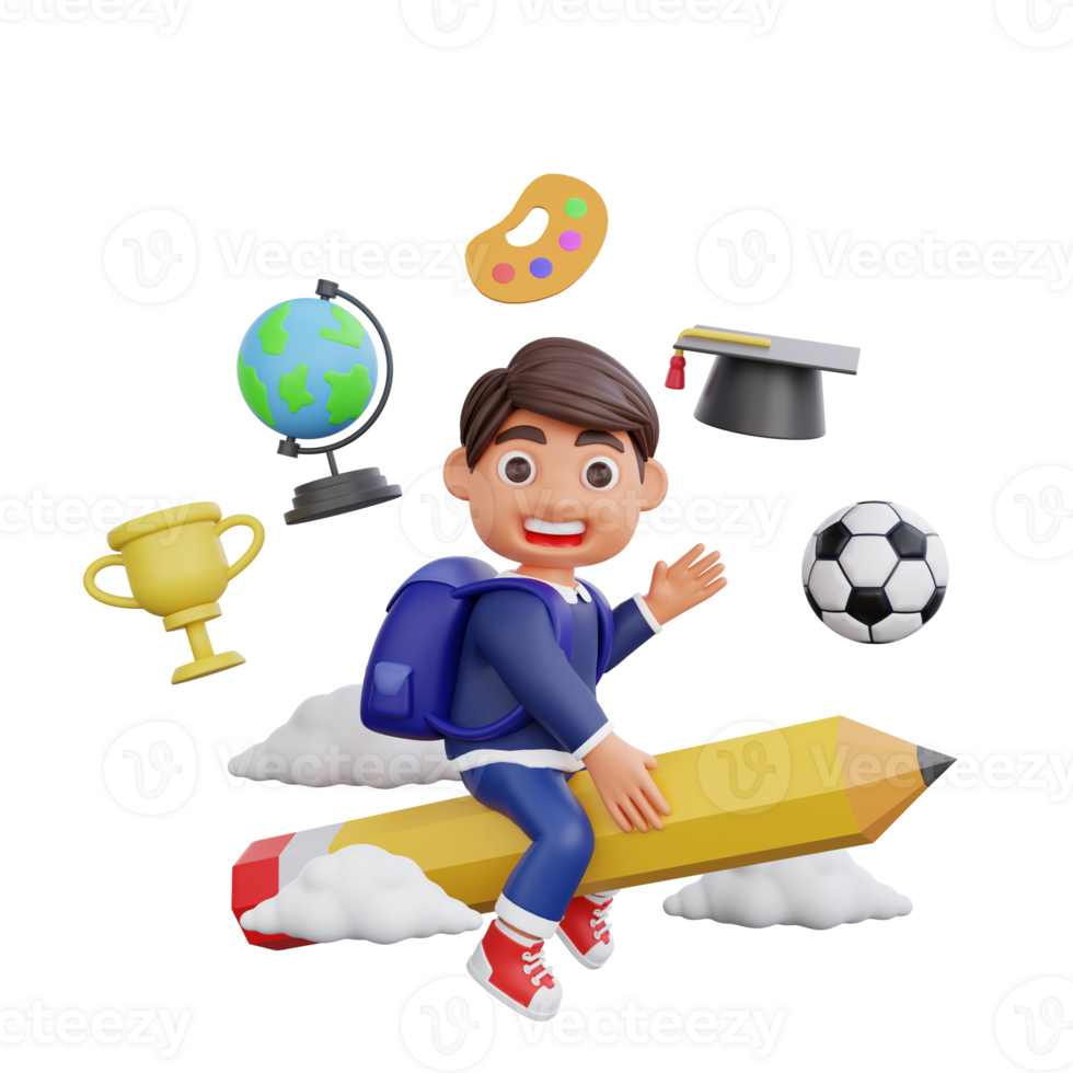 3d cute character flying up on a pencil Back to school concept png