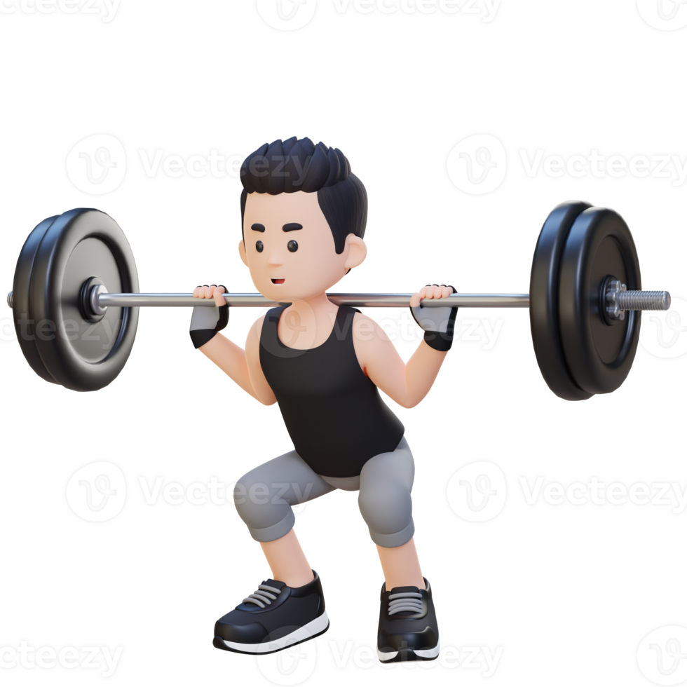 3D Sportsman Character Building Lower Body Strength with Barbell Squat Workout png