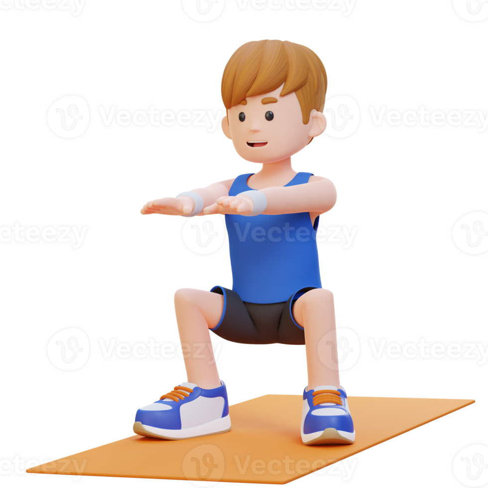 3D Sporty Male Character Mastering Squats in Home Gym png