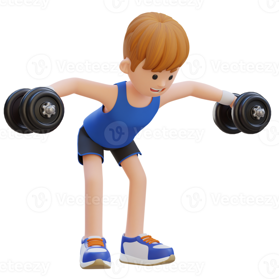 3D Sportsman Character Performing Dumbbell Bent Over Reverse Fly png