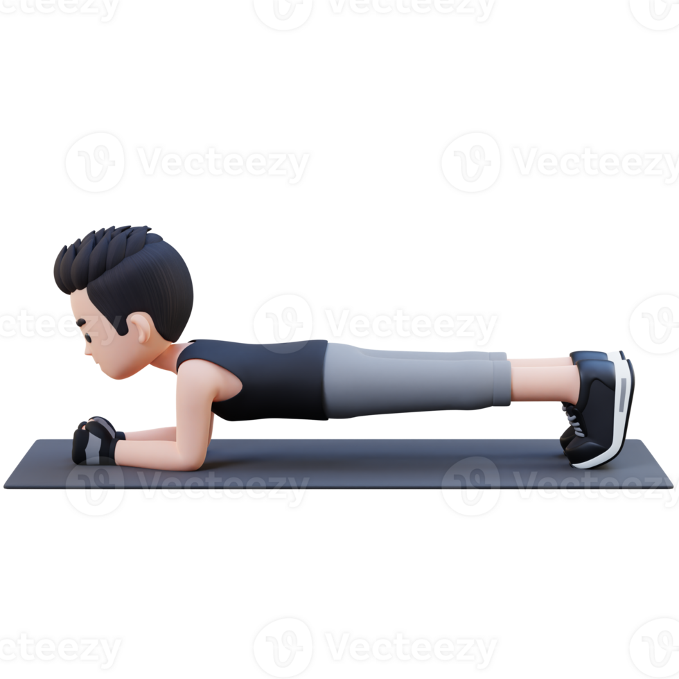 Dynamic 3D Sporty Male Character Mastering the Plank Exercise at Home Gym png