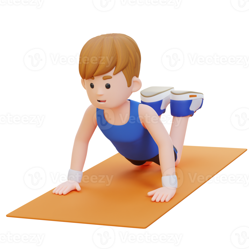 3D Sporty Male Character Mastering Knee Push Up Exercise at Home Gym png