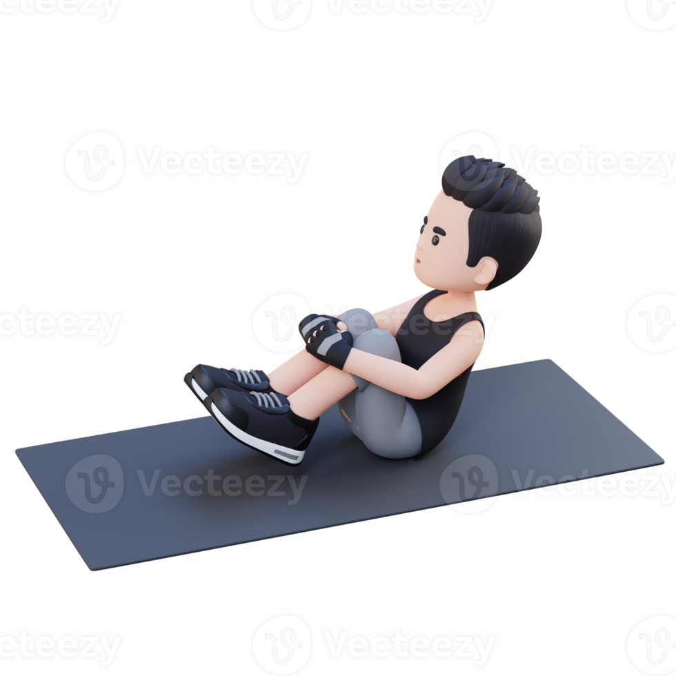 Perfect Abs 3D Sporty Male Character Mastering Frog Crunch at the Gym png