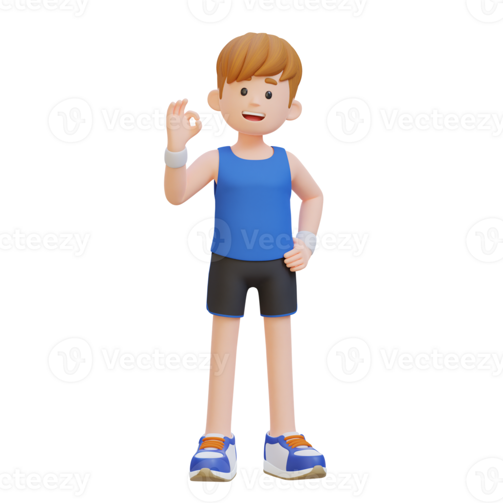 3D Sportsman Character Radiating Positivity with the OK Sign Gesture in a Vibrant Scene png