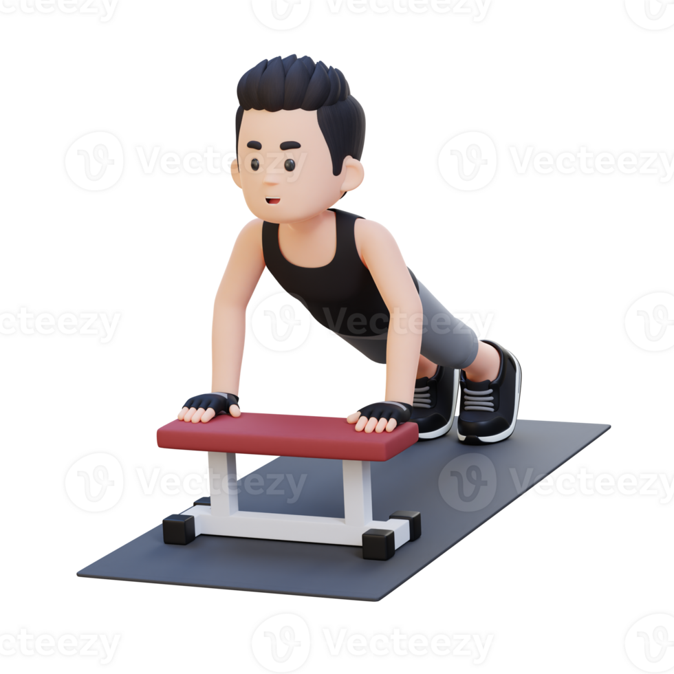 3D Sporty Male Character Performing Inline Push Up Exercise at the Gym png