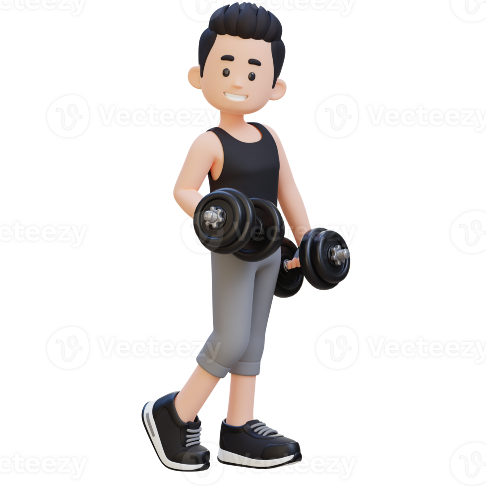 3D Sporty Male Character Showcasing Cool Standing Pose and Holding Dumbbell with Confidence png