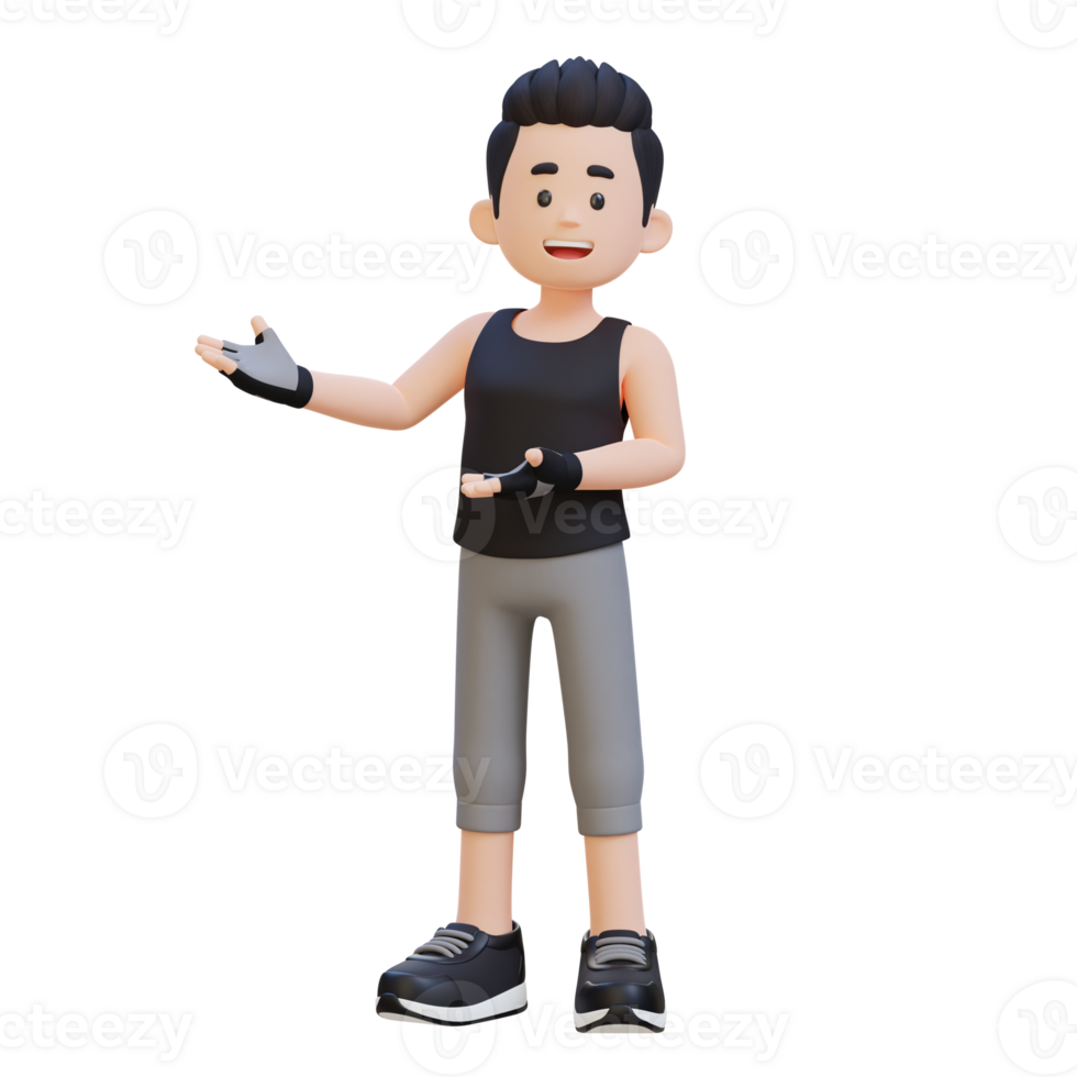 3D Sportsman Character Embracing Confidence with a Dynamic Hand Presentation Pose png