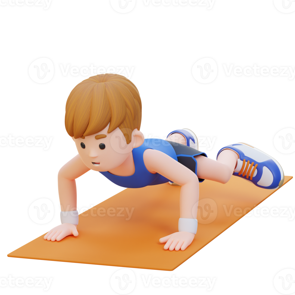 3D Sporty Male Character Performing Spiderman Push Up Exercise at Home Gym png