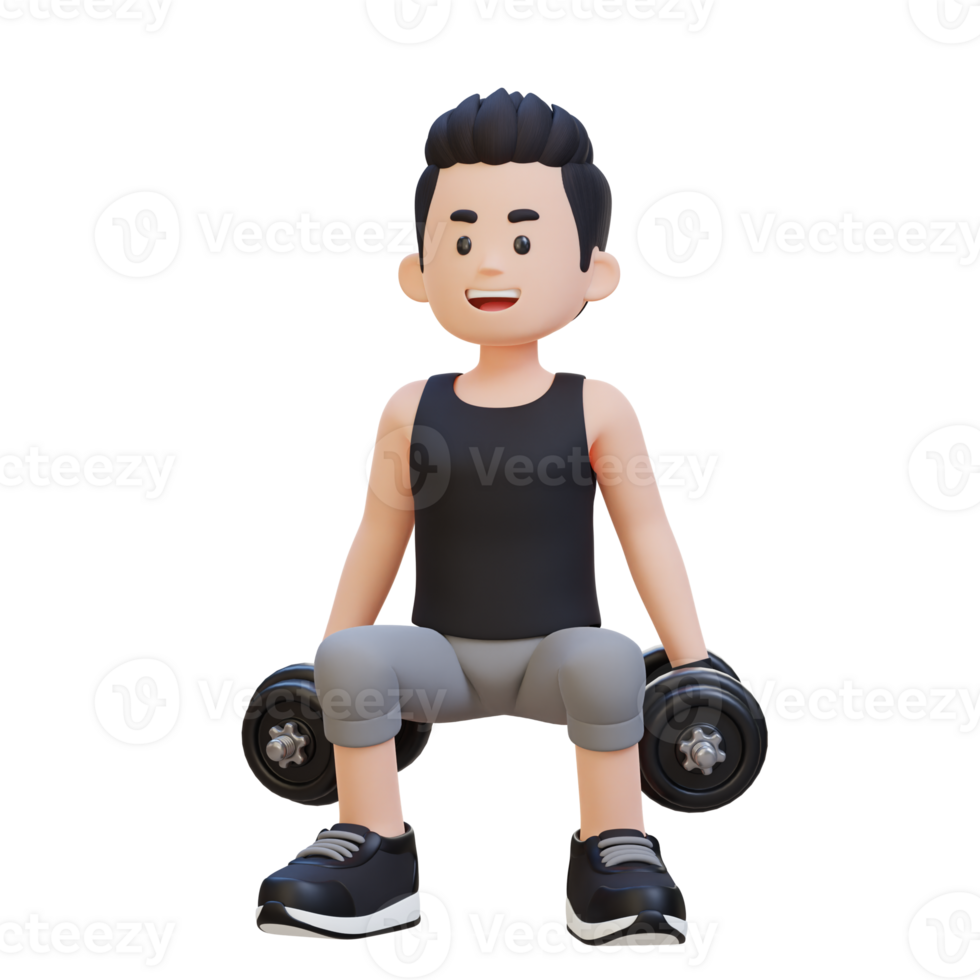 3D Sportsman Character Performing Dumbbell Squats png