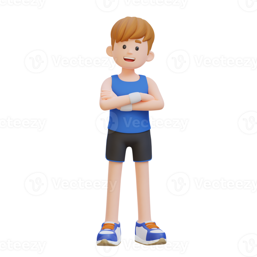 3D Sportsman Character Exuding Confidence with Arms Crossed Pose in a Dynamic Setting png