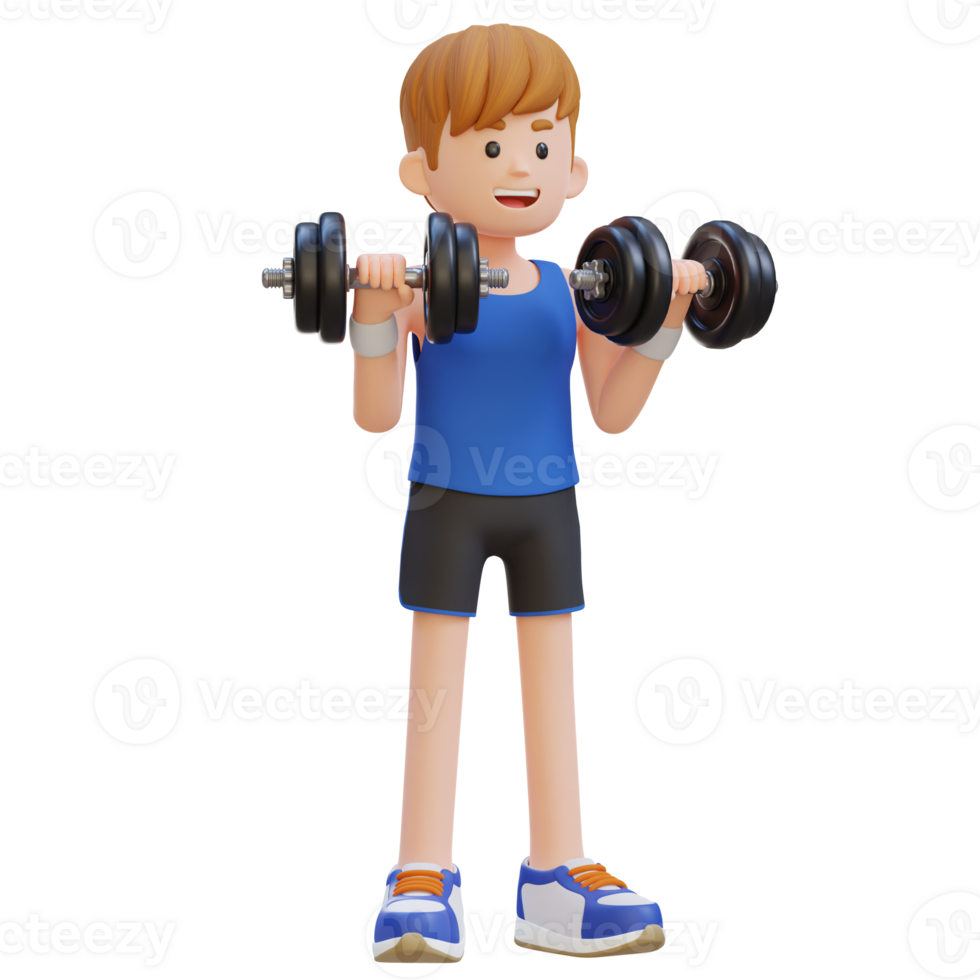 3d deportista personaje ejecutando pesa marcha atrás rizo png