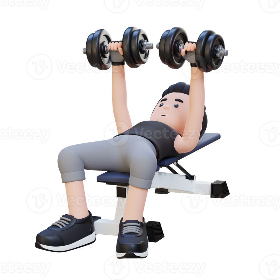 3D Sportsman Character Sculpting Muscular Physique with Dumbbell Bench Press png