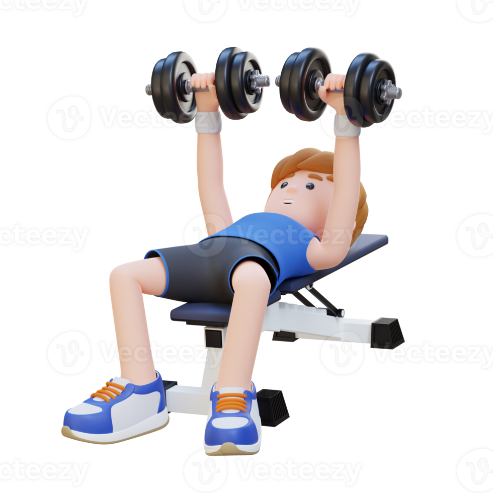 3D Sportsman Character Sculpting Muscular Physique with Dumbbell Bench Press png