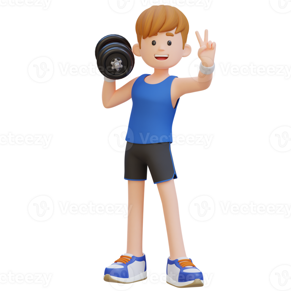 3D Sportsman Character Giving a Peace Sign While Holding Dumbbell png